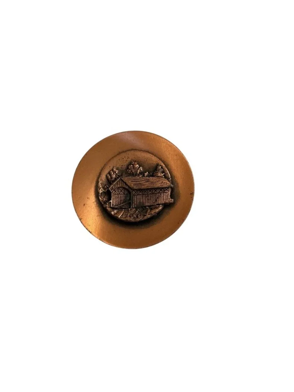 Vintage Copper Covered Bridge Brooch Pin Round 1.75